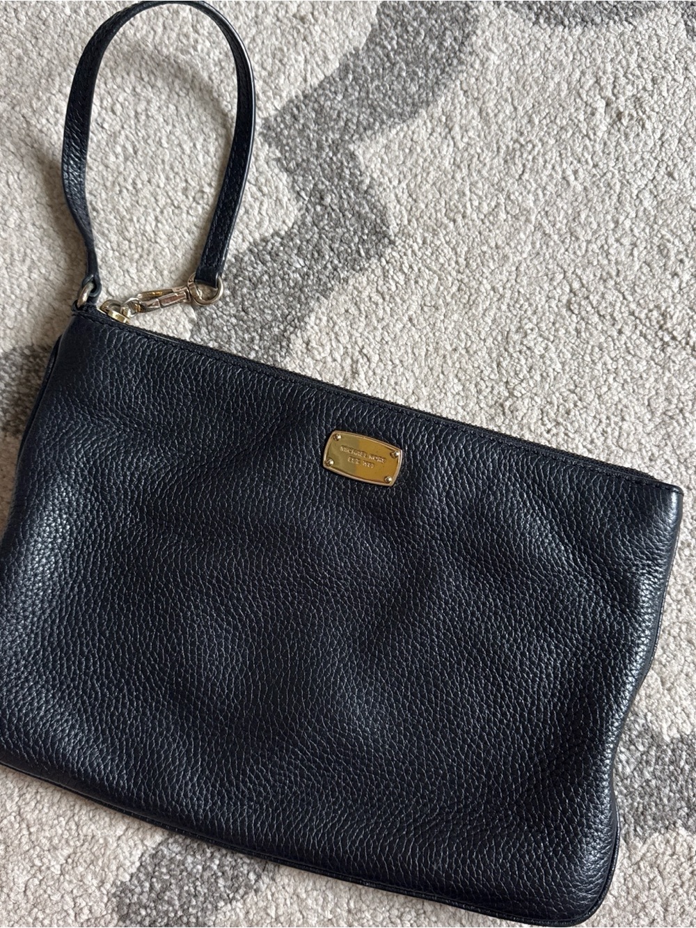 Michael Kors Black Pebbled Leather Wristlet with Gold Plate
